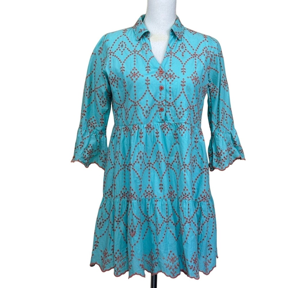 Modaposa Cadenza Turquoise Cotton Eyelet Tiered Babydoll Mini Dress Small Boho